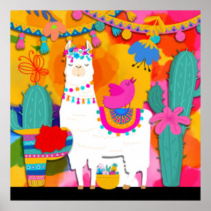Fiesta Llama Cinco De Mayo Farbige Funs Wasserfarb Poster