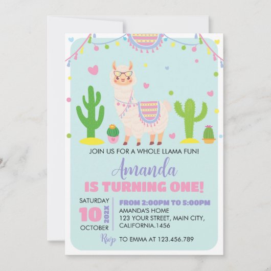 Fiesta Llama Fun 1. Geburtstag Einladung (Vorderseite)