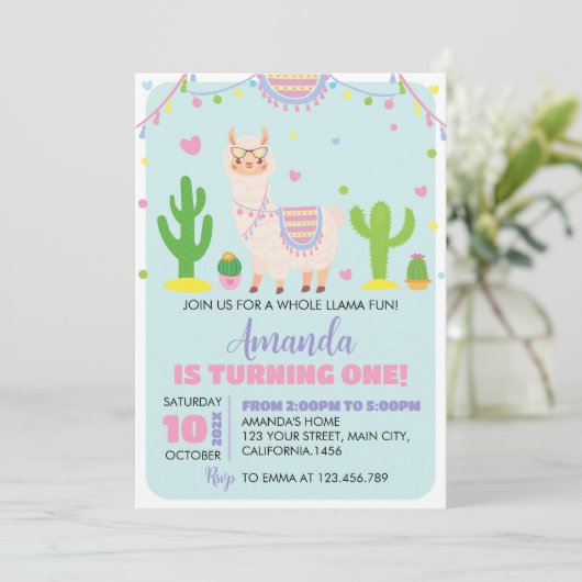 Fiesta Llama Fun 1. Geburtstag Einladung (Stehend Vorderseite)