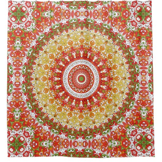 Fiesta Mandala Muster in Rot, Gelb und Grün Duschvorhang (Vorderseite)