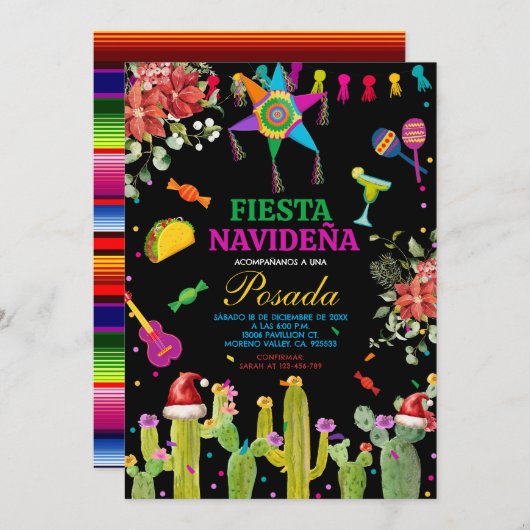Fiesta Mexican Cactus Navideña Posada Weihnachten Einladung (Vorne/Hinten)