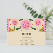 Fiesta Mexican Colorful Floral Wedding RSVP Karte (Stehend Vorderseite)