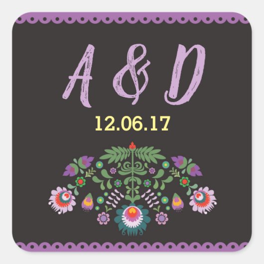 Fiesta Mexican Floral Round Stickers Lila Label (Vorderseite)