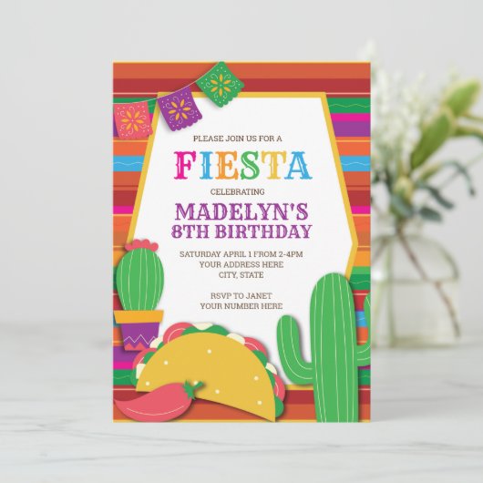 Fiesta Mexican Southwest Taco Birthday Einladung (Stehend Vorderseite)