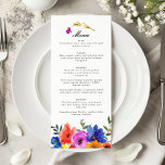 Fiesta Mexican Spanish Colorful Floral Wedding Menükarte<br><div class="desc">Fügen Sie Ihrem Hochzeitsgeschenk einen Glanz lebendiger Kultur hinzu,  mit unserem Fiesta Mexican Spanish inspiriert Blumenmenü. Dieses wunderschön gestaltete Menü ist mit Blumenmotiven geschmückt,  die durch eine bunte Mischung aus roten,  sonnigen Gelbtönen,  heller Blues und üppigen Grüntönen die Essenz einer lebhaften mexikanischen Fiesta einfangen.</div>