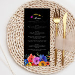 Fiesta Mexican Spanish Colorful Floral Wedding Menükarte<br><div class="desc">Fügen Sie Ihrem Hochzeitsgeschenk einen Glanz lebendiger Kultur hinzu,  mit unserem Fiesta Mexican Spanish inspiriert Blumenmenü. Dieses wunderschön gestaltete Menü ist mit Blumenmotiven geschmückt,  die durch eine bunte Mischung aus roten,  sonnigen Gelbtönen,  heller Blues und üppigen Grüntönen die Essenz einer lebhaften mexikanischen Fiesta einfangen.</div>