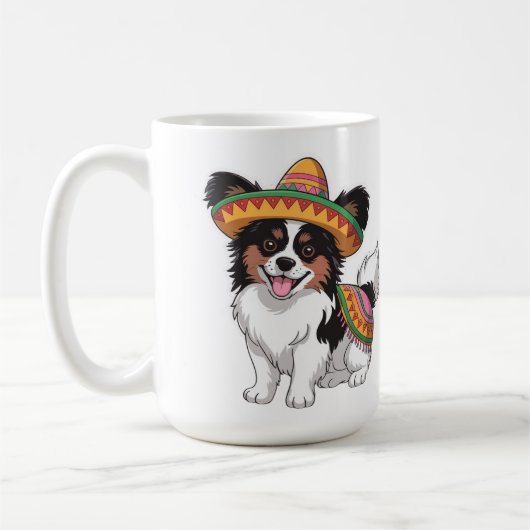 Fiesta Papillon Dog Wearing Sombrero und Sarape Kaffeetasse (Links)