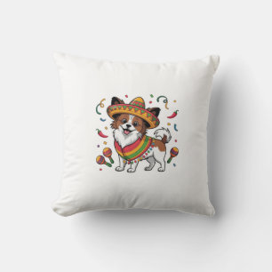 Fiesta Papillon Dog Wearing Sombrero und Sarape Kissen