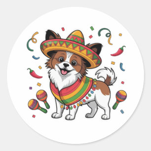 Fiesta Papillon Dog Wearing Sombrero und Sarape Runder Aufkleber