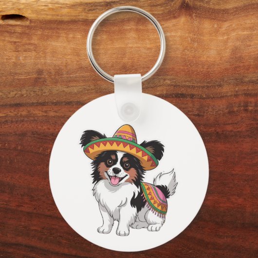 Fiesta Papillon Dog Wearing Sombrero und Sarape Schlüsselanhänger (Vorderseite)