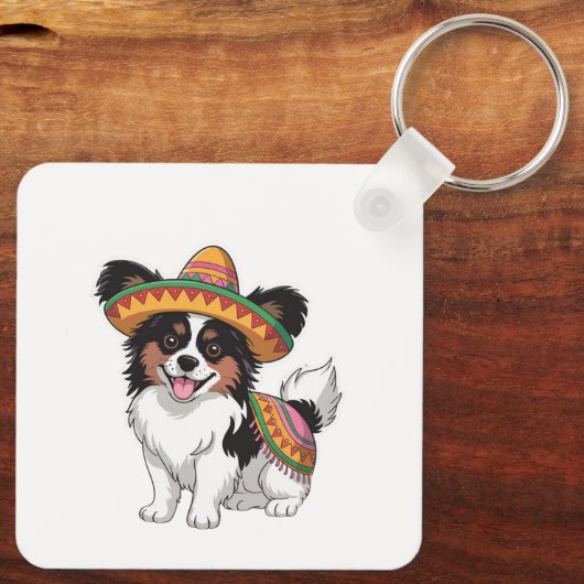 Fiesta Papillon Dog Wearing Sombrero und Sarape Schlüsselanhänger (Rückseite)