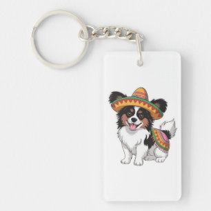 Fiesta Papillon Dog Wearing Sombrero und Sarape Schlüsselanhänger
