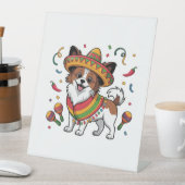 Fiesta Papillon Dog Wearing Sombrero und Sarape Sockelschild (In Situ)