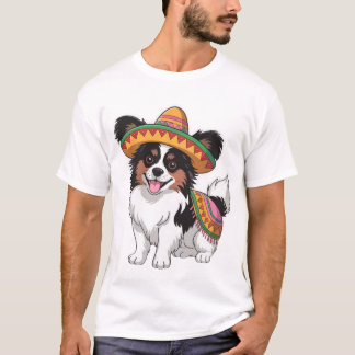 Fiesta Papillon Dog Wearing Sombrero und Sarape T-Shirt