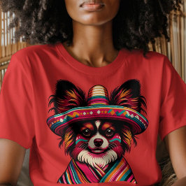 Fiesta Papillon Dog Wearing Sombrero und Sarape T-Shirt