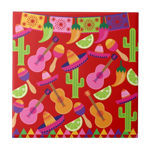 Fiesta Party Sombrero Limes Guitar Maraca Saguaro Fliese (Vorderseite)