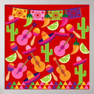 Fiesta Party Sombrero Limes Guitar Maraca Saguaro Poster