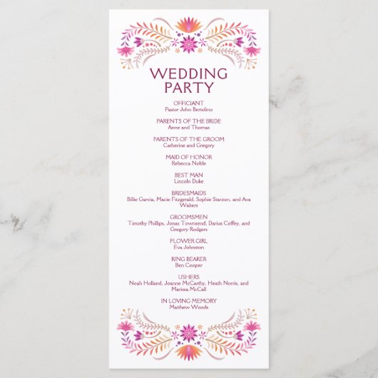 Fiesta Pink Wedding Program Menükarte (Rückseite)