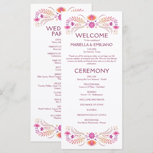 Fiesta Pink Wedding Program Menükarte (Vorne/Hinten)