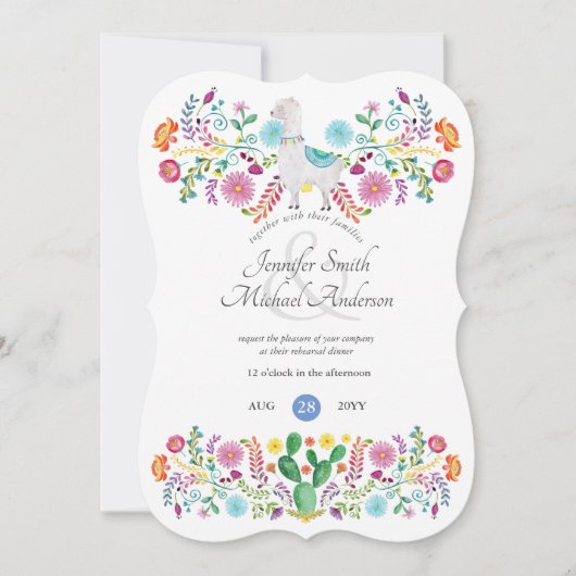 Fiesta Probe Dinner Llama Folk Blume Cacti Einladung (Vorderseite)