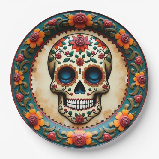 💀 🎉 Fiesta Skull-ette, die Día de los Muertos Pappteller (Vorderseite)