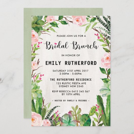 Fiesta Succulent Boho Bridal Brunch Einladung (Vorne/Hinten)