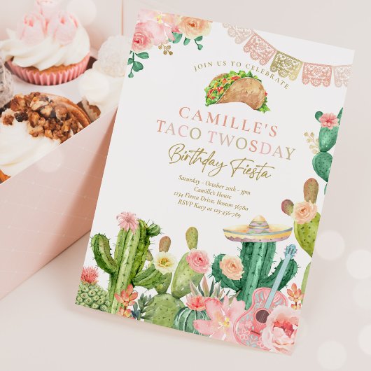Fiesta Taco Twosday Watercolor Cactus 2nd Birthday Einladung