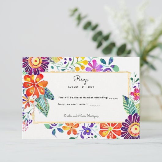 FIESTA-UAWG mit QR-Code Folkart-Blume RSVP Karte (Stehend Vorderseite)