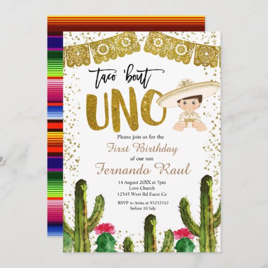 Fiesta Uno Gold Charro Boy Einladung (Vorne/Hinten)