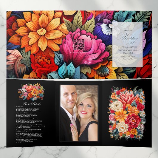 Fiesta Wedding Guest Details, Foto & QR Code Dreifach Gefaltete Einladung