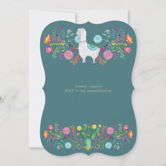 Fiesta Wedding Llama Folk Blume Einladung Cacti (Rückseite)