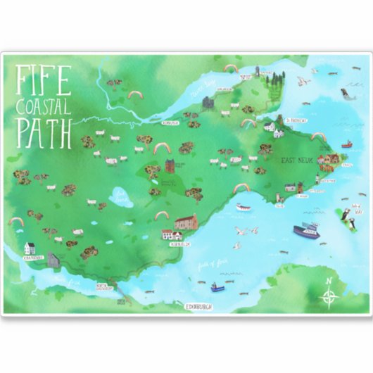 Fife Coastal Path Scotland Wasserfarbkarte Art Aufkleber (Vorderseite)