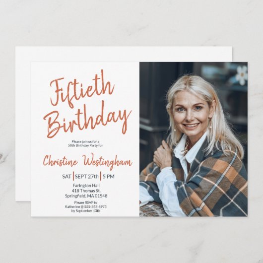 Fiftieth Birthday Photo Rustic Boho Script 50th Einladung (Vorne/Hinten)