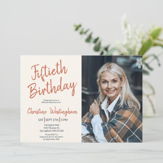 Fiftieth Birthday Photo Rustic Boho Script 50th Einladung (Stehend Vorderseite)