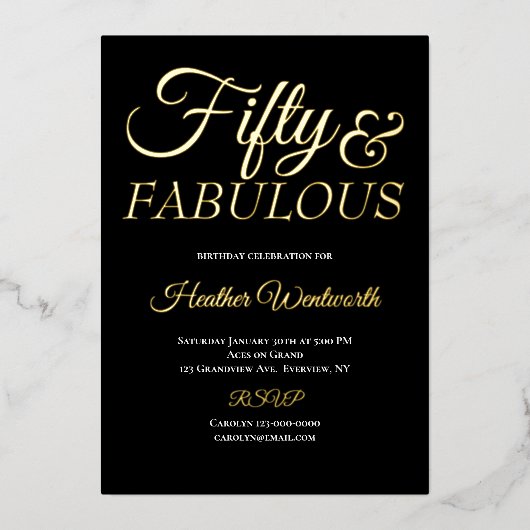 Fifty and Fabulous 50th Birthday Foil Script Folieneinladung (Vorderseite)