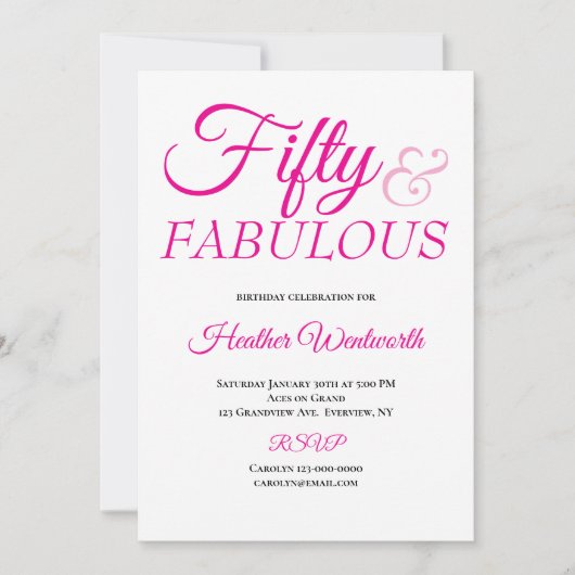 Fifty and Fabulous 50th Birthday Pink Script Einladung (Vorderseite)
