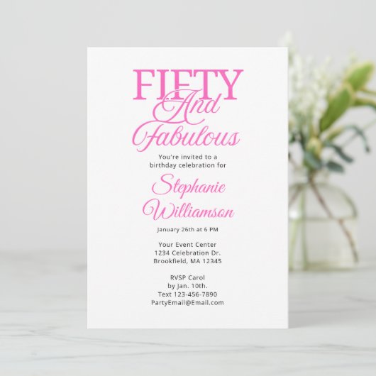Fifty and Fabulous Black and Pink Script Einladung (Stehend Vorderseite)