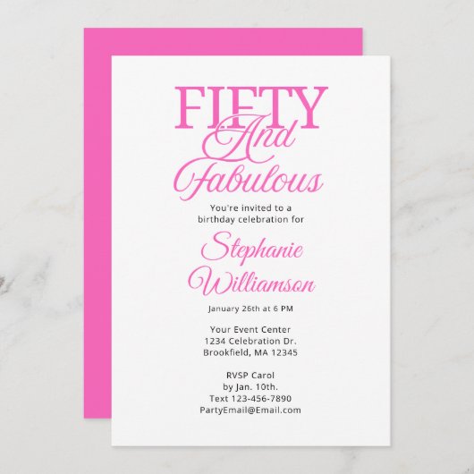 Fifty and Fabulous Black and Pink Script Einladung (Vorne/Hinten)