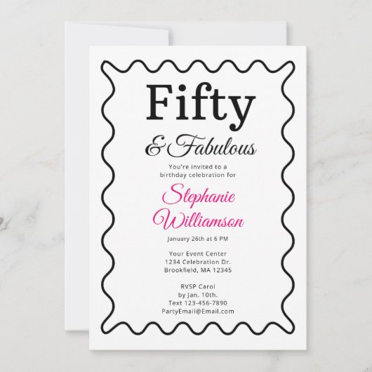 Fifty and Fabulous Black and Pink Script Einladung (Vorderseite)