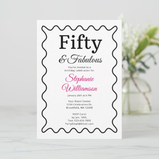 Fifty and Fabulous Black and Pink Script Einladung (Stehend Vorderseite)