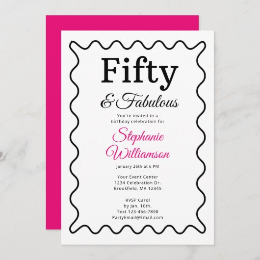 Fifty and Fabulous Black and Pink Script Einladung (Vorne/Hinten)