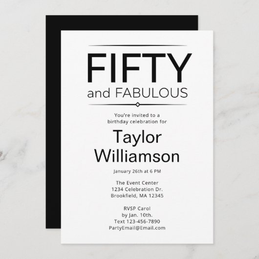 Fifty and Fabulous Black and White  Einladung (Vorne/Hinten)