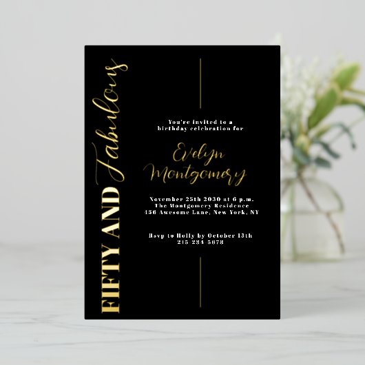 Fifty and Fabulous Black Gold 50th Birthday Party Folieneinladung (Stehend vorne)
