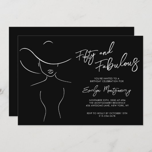 Fifty and Fabulous Black Line Art Birthday Party  Einladung (Vorne/Hinten)