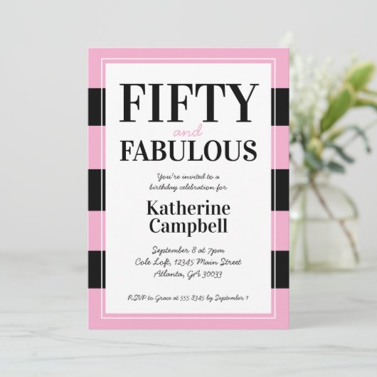 Fifty and Fabulous Black Pink 50th Birthday Party Einladung (Stehend Vorderseite)