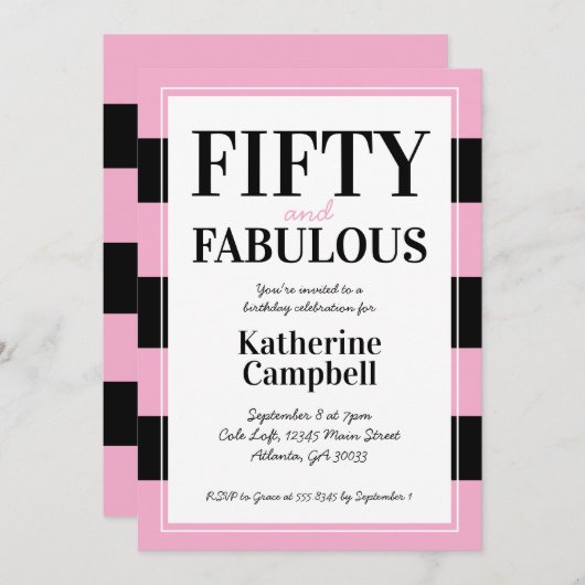 Fifty and Fabulous Black Pink 50th Birthday Party Einladung (Vorne/Hinten)
