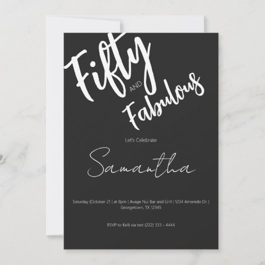 Fifty and Fabulous Black Script 50th Birthday Einladung (Vorderseite)