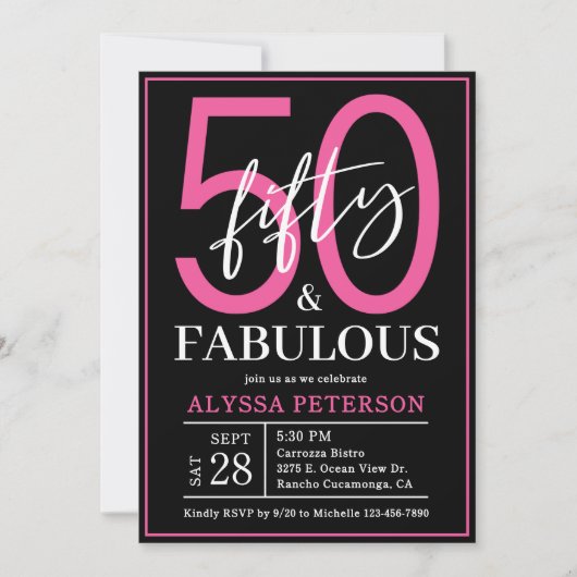 Fifty and Fabulous Black Script 50th Birthday Einladung (Vorderseite)