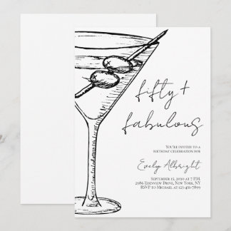 Fifty and Fabulous Black Script Line Art Martini Einladung