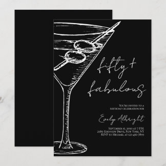 Fifty and Fabulous Black Script Line Art Martini Einladung
